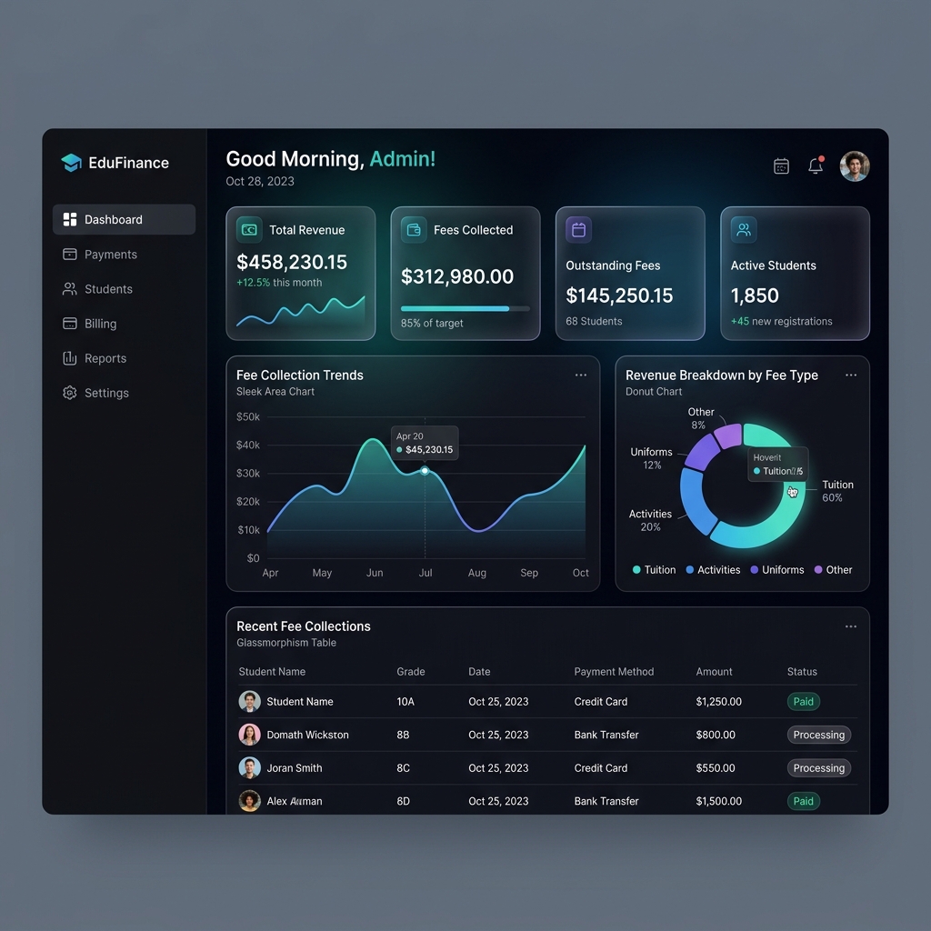 Edlege Pay Dashboard Mockup showing analytics and fee collections